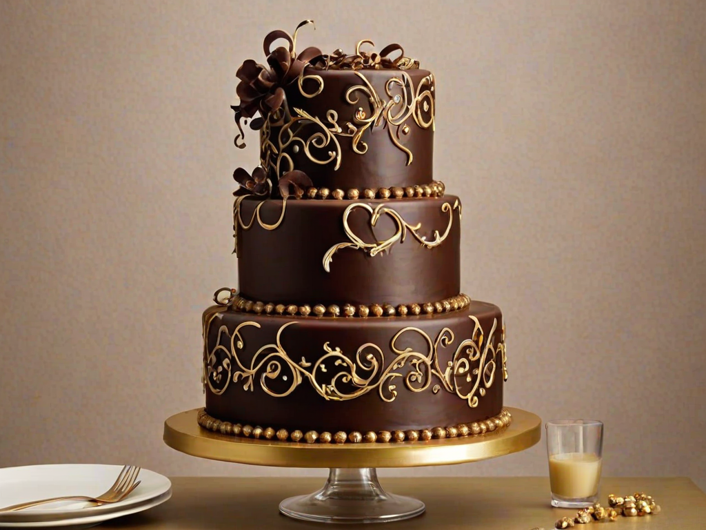 Create a three-tiered chocolate cake with intricate chocolate scrollwork and gold accents. The bottom tier should have a quilted pattern, while the middle and top tiers feature elegant designs. The color scheme should be rich and dark, emphasizing the chocolate theme. The overall presentation should be sophisticated and visually striking.