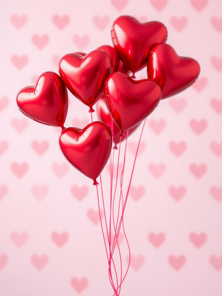 Create a digital illustration of a cluster of red heart-shaped balloons floating against a soft pink and white heart-patterned background, using a Canon EOS 5D Mark IV with an f/2.8 aperture, 50mm lens, and a shallow depth of field to enhance focus on the balloons while softly blurring the background.