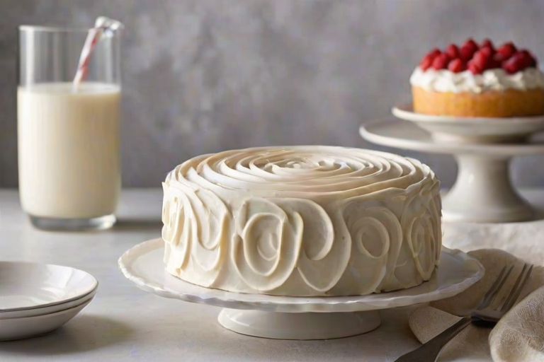 Create an image of a beautifully frosted cake with a smooth, creamy frosting that has a textured swirl design. The cake should be displayed on a white cake stand against a neutral background. Include a small bowl of milk in the background for a cozy touch.