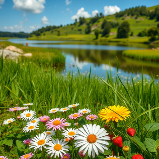 regenerate a vibrant landscape scene featuring a serene lake surrounded by lush green grass and a variety of colorful flowers including daisies and strawberries, captured with a Canon EOS R5, 24mm lens, aperture f/8, ISO 100, in natural lighting for enhanced clarity and detail