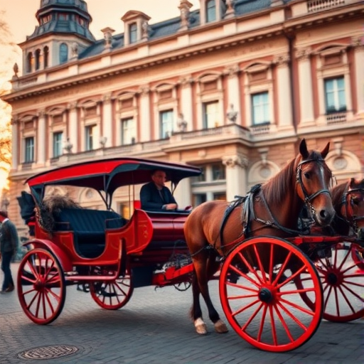Regenerate the image of a horse-drawn carriage in front of a historic building during golden hour, focus on vibrant colors and fine details, using a DSLR camera with a 35mm lens, aperture f/2.8, ISO 100, shutter speed 1/250 sec, capturing a wide-angle view with soft background bokeh.