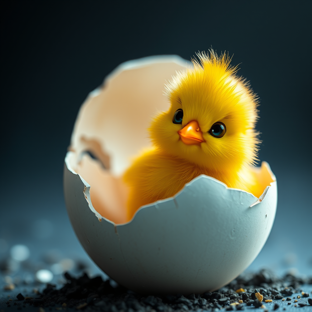 A vibrant cartoon chick emerging from a cracked eggshell, bright yellow color, high contrast, 4K quality, close-up view, using a Canon EOS R5 with a 50mm f/1.8 lens, f/2.8 aperture, ISO 100, capture at 1/200s.