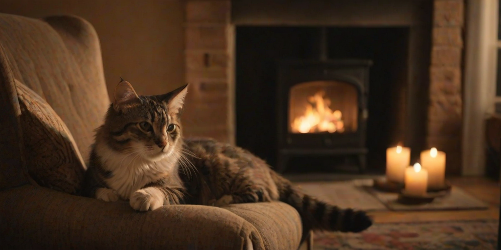 Warmly lit close-up of a cozy living room scene, with a roaring fire in the fireplace, a cat curled up on a plush armchair, and soft light from a nearby lamp casting a warm glow.