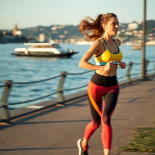 Blurry action shot of a woman jogging along a scenic waterfront path, wearing a bright sports bra and leggings, her hair flowing behind her, with boats gently bobbing in the background.