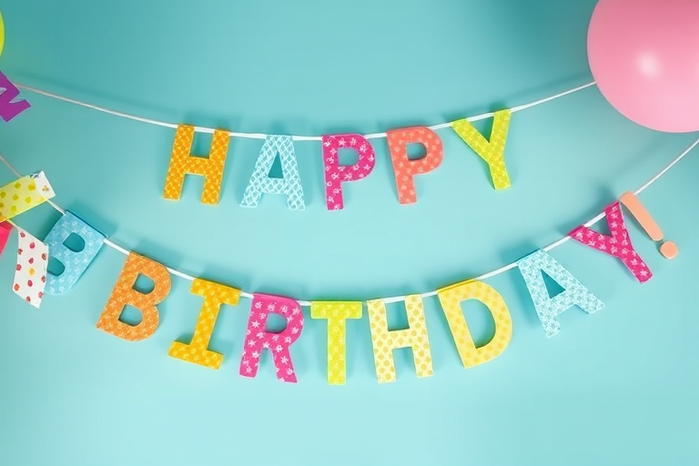 Colorful birthday bunting with various flag patterns and designs, "HAPPY BIRTHDAY!" text in vibrant letters, bright and cheerful atmosphere, shot with a DSLR camera, aperture f/4, ISO 100, 50mm lens, top-down view, high saturation for enhanced color vibrancy.