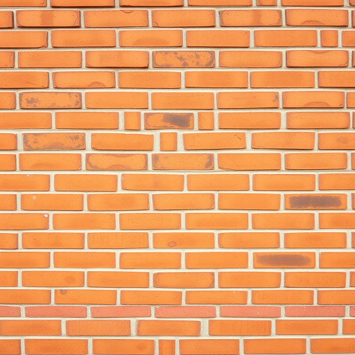 Generate a high-resolution image of an orange brick wall with even texture and consistent spacing between bricks, captured with a DSLR camera at f/8 aperture, ISO 100, and a 35mm lens, viewed straight on to emphasize the pattern and detail.