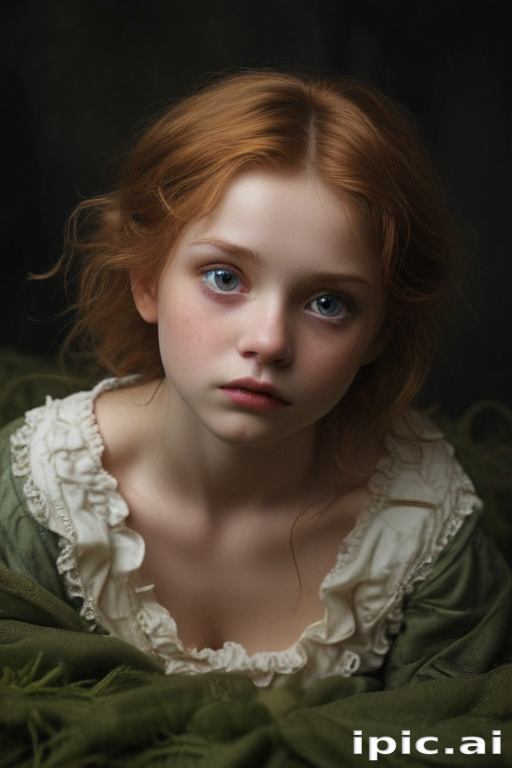 A Portrait of a Young Girl with Striking Blue Eyes and Red Hair.