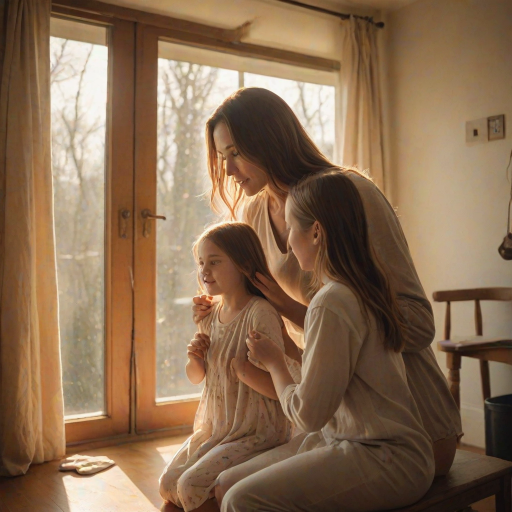 Warm, intimate image of a mother brushing her daughter's hair in front of a mirror, soft sunlight streaming through the window, distant birds chirping outside, and the feeling of closeness and care.