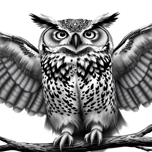 Create a highly detailed black-and-white illustration of a majestic owl with outstretched wings, captured in a slight upward angle, using a DSLR camera at f/8 aperture, ISO 200, and a 50mm lens to enhance sharpness and clarity, with a focus on intricate feather texture and shading.