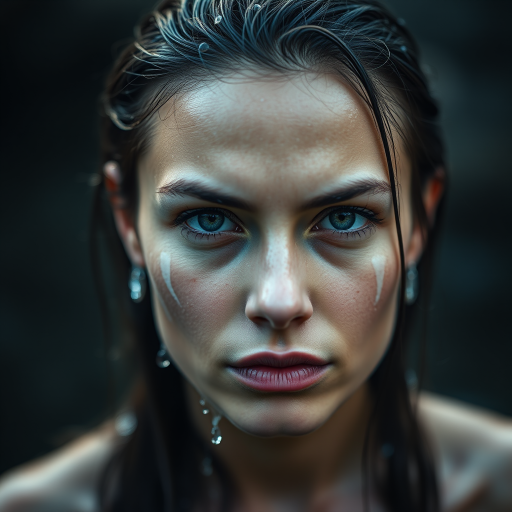 high-resolution portrait of a woman with water on her face and a serious expression, shallow depth of field, 85mm lens, f/1.8 aperture, ISO 100, natural light, soft focus, high dynamic range