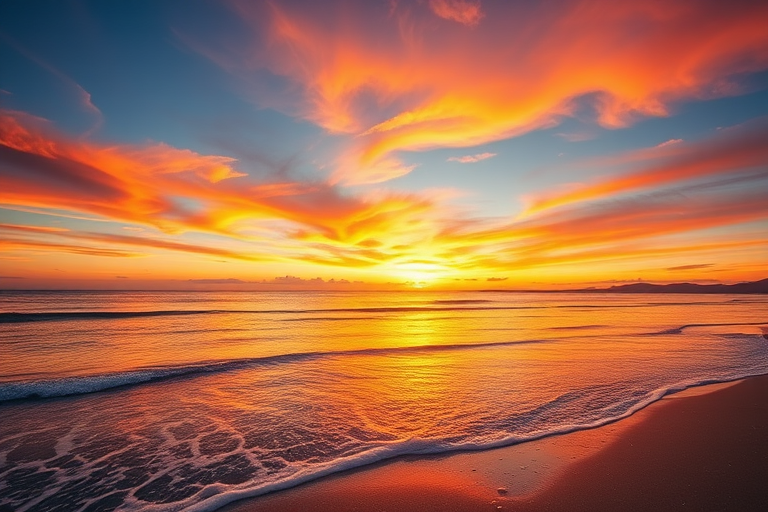 Generate an image of a romantic sunset over a tranquil beach with gentle waves lapping at the shore, using a Canon EOS 5D Mark IV, 24mm lens, aperture f/8, ISO 100, shot at golden hour, with a wide-angle perspective to capture the expansive sky and vibrant colors.