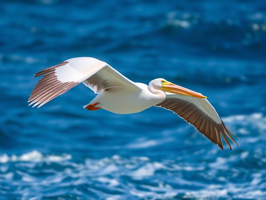 high-resolution image of a white pelican gliding over a blue ocean, with wings outstretched, in sharp focus, shot with a DSLR camera at f/5.6, ISO 200, shutter speed 1/1000s, using a telephoto lens, side view to capture the bird's details and background waves, natural lighting.
