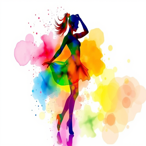 Watercolor splash silhouette of dancing figure on hip, fluid movement captured in vibrant rainbow hues bleeding into one another