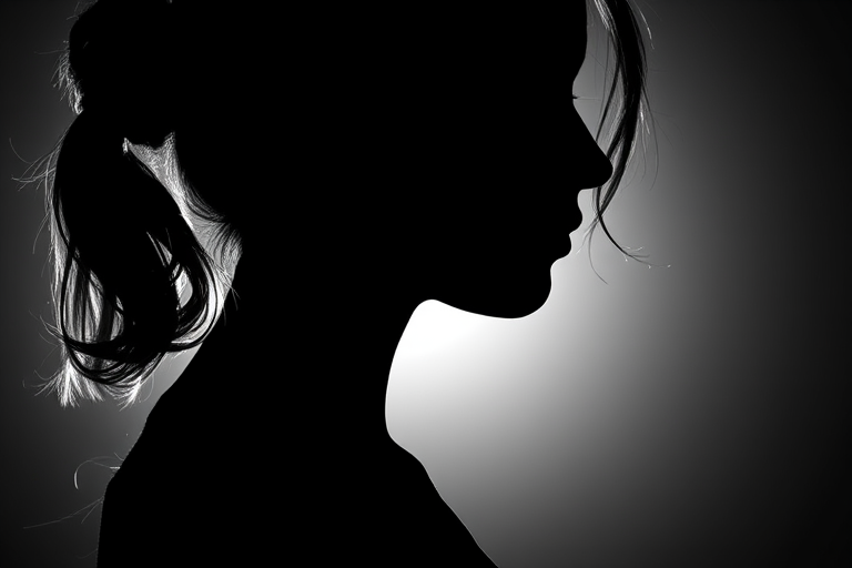 Generate a high-contrast black and white portrait of a silhouette with fine details, using a Canon EOS R5, 85mm lens, f/1.8 aperture, ISO 100, shutter speed 1/250s, natural lighting, and a shallow depth of field for enhanced focus on the silhouette.