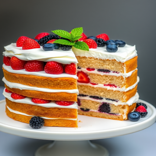A beautifully layered cake with multiple layers of sponge cake and whipped cream filling decorated with fresh strawberries raspberries blackberries and blueberries on top with a touch of mint leaves showing a slice cut out revealing the colorful layers inside placed on a white cake stand.