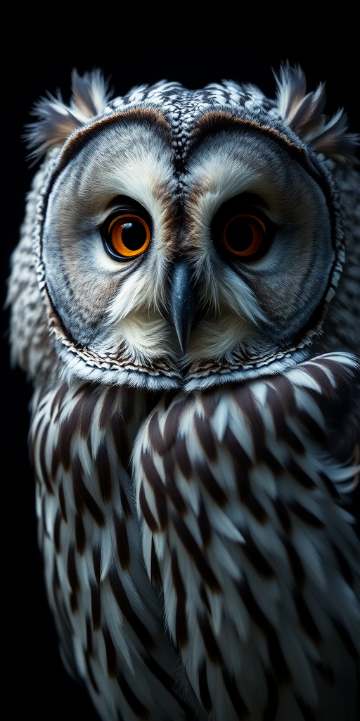Capture a close-up portrait of a great gray owl with vivid details in its feathers, use a 50mm lens, aperture f/1.8, ISO 200, shutter speed 1/500s, in soft diffused lighting against a dark background to enhance texture and contrast.