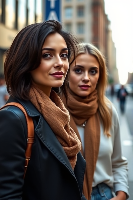 Capture a candid moment of two women standing on a city street, with natural light highlighting their expressions and outfits, using a DSLR camera with an aperture of f/2.8, ISO 100, 50mm lens, and shallow depth of field for a blurred background effect.