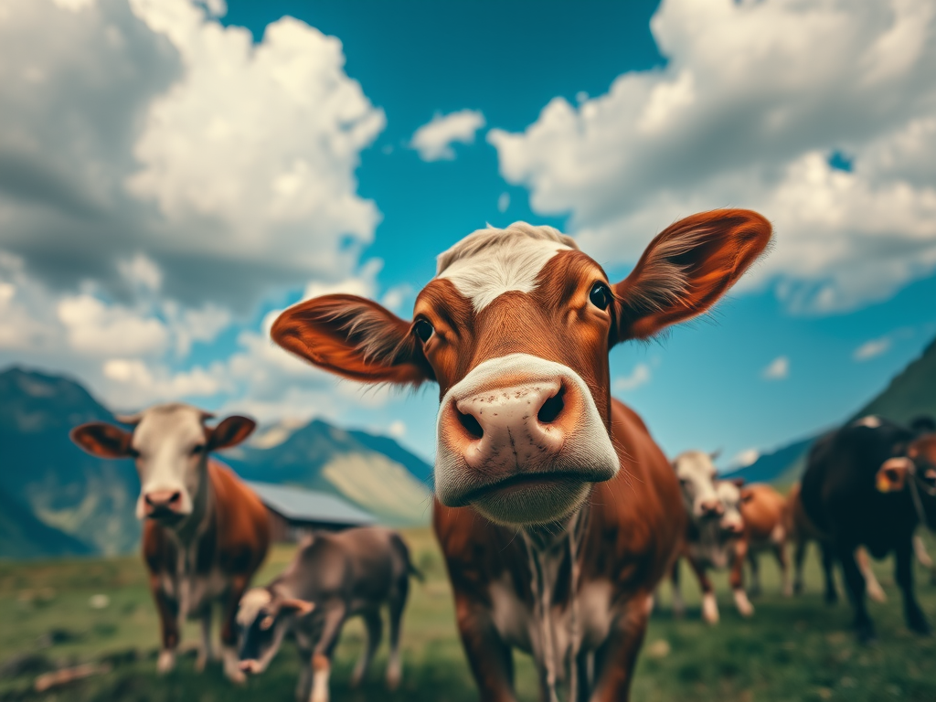 Create an image of a close-up of cows in a mountainous landscape with a barn in the background under a blue sky with fluffy clouds, using a DSLR camera at f/8 aperture, ISO 200, shutter speed 1/250s, wide-angle lens effect for depth, capturing vibrant colors and sharp detail.