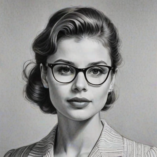 Alluring Katja Herbers, pencil sketch, portrait of Elegant woman 1940s in glasses, hair style beatnik, outline, clear lines, fine lines, 8k