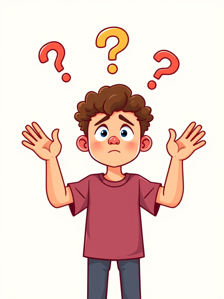 Create a vector illustration of a confused person with curly hair, standing with raised hands and question marks above their head, portrait view, bright colors, high detail, camera type: digital, camera style: cartoon, aperture: f/2.8, shutter speed: 1/60, ISO: 100.