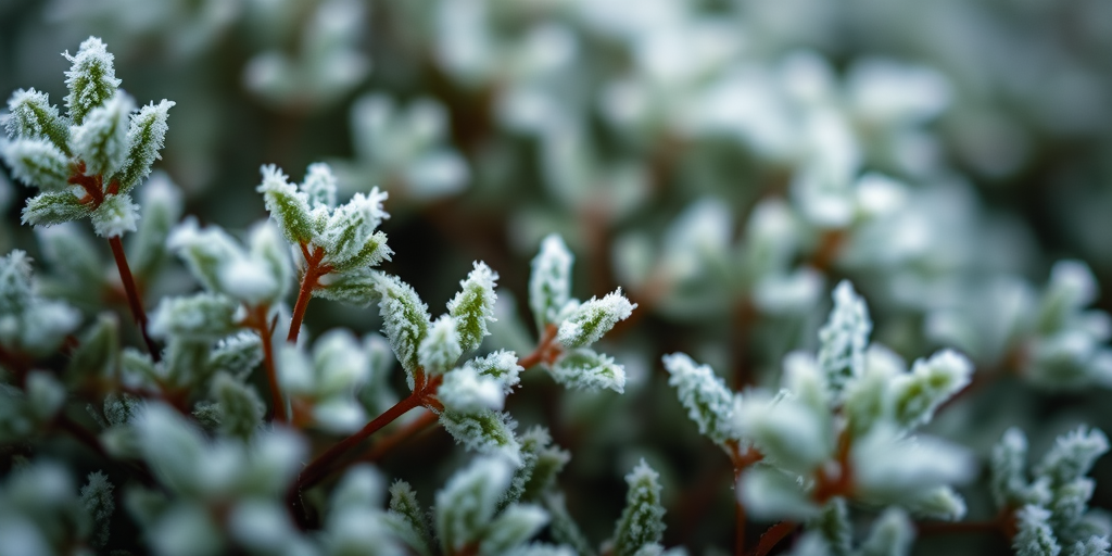macro shot of frosty green foliage with depth of field, f/2.8 aperture, 50mm lens, ISO 100, soft natural lighting, DSLR camera.