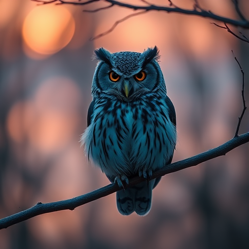 Create a high-resolution image of a stylized owl sitting on a branch at dusk, using a DSLR camera with a 50mm lens, f/1.8 aperture, ISO 200, 1/200 second shutter speed, and a soft-focus background to enhance depth of field.