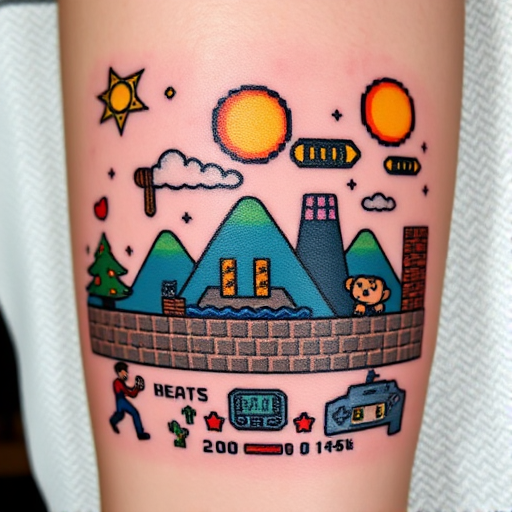 Nostalgic pixel art tattoo named "8-Bit Memories" featuring iconic video game characters and scenes rendered in a retro low-resolution style with precise square pixels and limited color palettes reminiscent of early gaming consoles incorporating classic game elements such as power-ups health bars and pixelated text to create a playful tribute to the golden age of arcade gaming