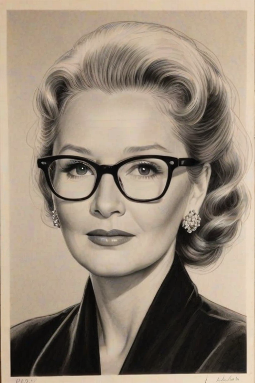 Magnificent Diane Ladd, pencil sketch, portrait of Alluring woman 1949s in glasses, hair style beatnik, outline, clear lines, fine lines, 8k