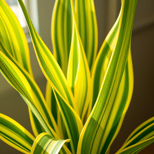 Create a high-resolution illustration of a snake plant with vibrant green and yellow striped leaves, using a Canon EOS 5D Mark IV with a 50mm f/1.8 lens, aperture set to f/8, ISO 100, and natural soft lighting to enhance details.