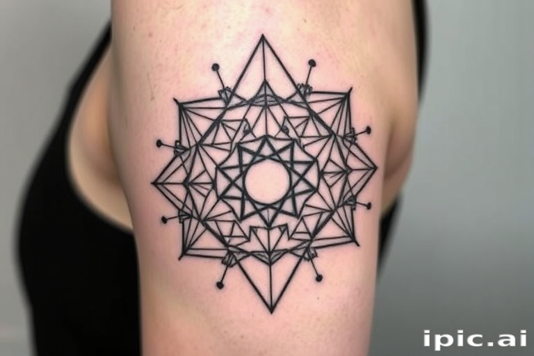 Minimalist black and white linework tattoo called "Geometric Harmony" showcasing intricate patterns of triangles, circles, and hexagons intertwining to form a mesmerizing abstract design with clean crisp edges
