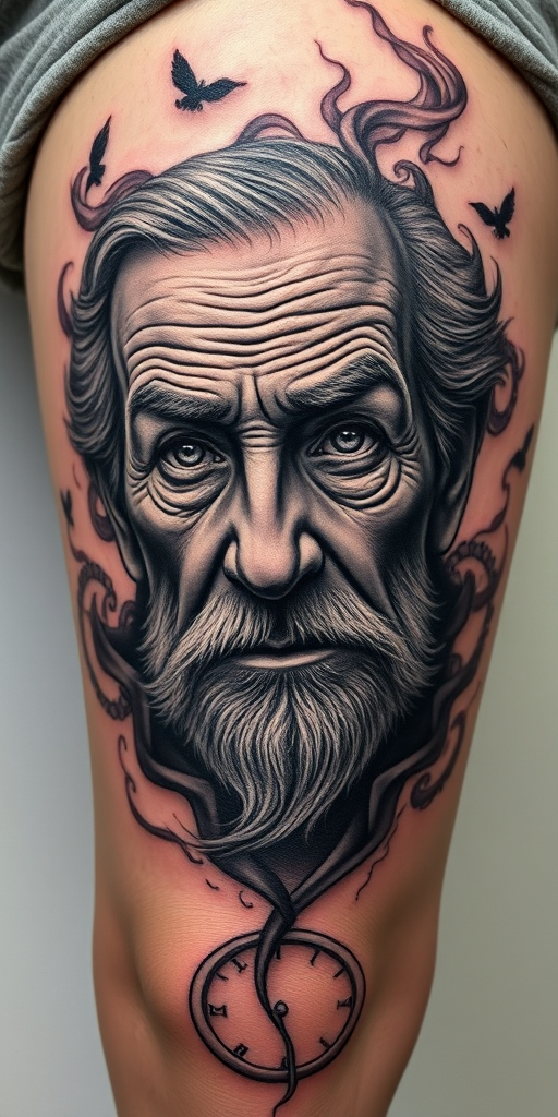 Realistic grayscale portrait tattoo on the thigh, depicting a wise elderly face with deep wrinkles and piercing eyes, surrounded by wisps of smoke and floating clock gears