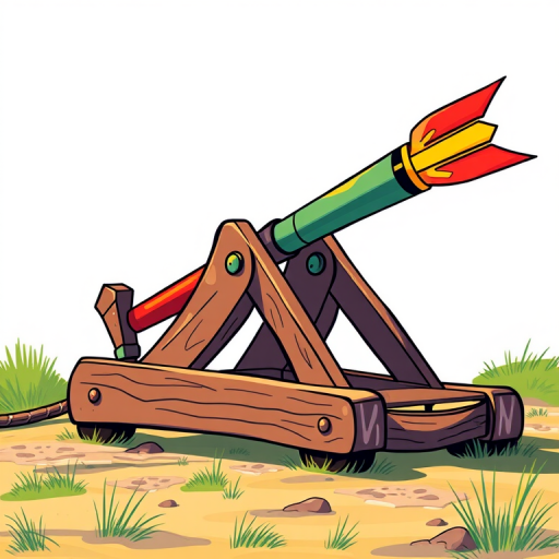 Create a high-quality illustration of a catapult with a colorful projectile, using vibrant colors and clean lines, captured in a high-resolution format with a Canon EOS R6, 50mm lens, aperture f/2.8, shutter speed 1/250s, and natural lighting from the left side to enhance details.