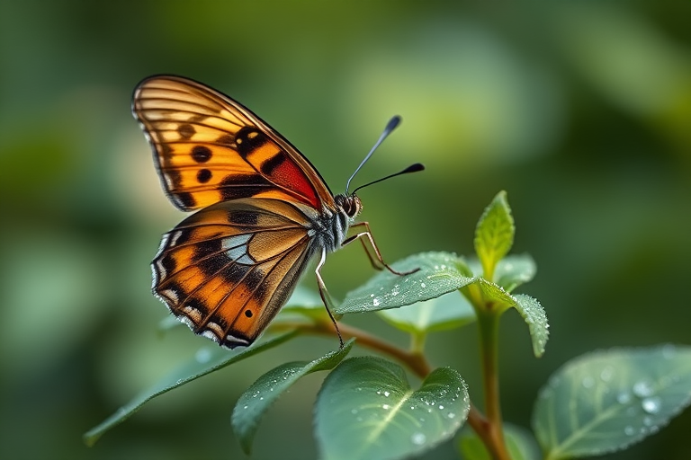Butterfly perched on dewy green leaves, shallow depth of field, soft bokeh background, 50mm lens, f/2.8 aperture, ISO 100, natural light, macro photography.