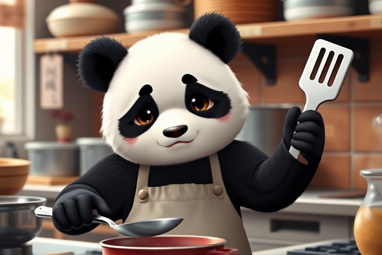 The image is a high-resolution photograph of a charming panda named Huahua, depicted in a bustling kitchen setting. Huahua has a distinctive black and white fur pattern, with round, chubby features and a serious expression. She stands upright, holding a large spatula in her right paw and a frying pan in her left, as she diligently cooks at the stove.