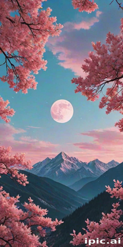 Serene Landscape of Pink Blossoms Under a Bright Full Moon at Dusk
