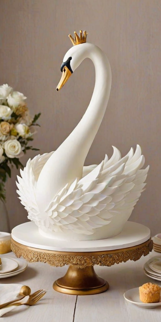 Create a whimsical cake designed to look like a swan. The cake should be predominantly white with elegant feather-like decorations made from frosting. The swan should have a graceful neck and a golden crown on its head. Place the cake on a wooden cake stand against a simple, light-colored background for a clean and sophisticated look.