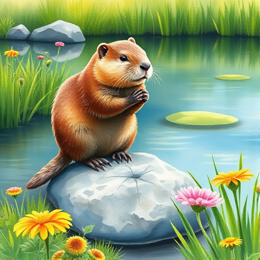 Create a high-resolution watercolor illustration of a cute beaver standing on a rock by a pond, surrounded by vibrant wildflowers and lush green grass, shot with a Canon EOS 5D Mark IV, 50mm lens at f/5.6, with soft natural lighting to enhance detail and color.
