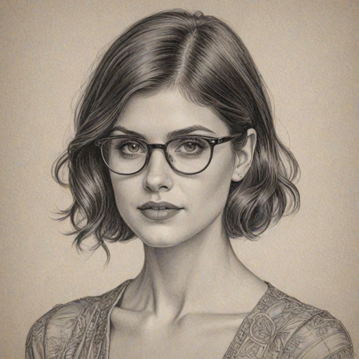 Charming Alexandra Daddario, pencil sketch, portrait of Dazzling woman 1920s in glasses, hair style beatnik, outline, clear lines, fine lines, 8k