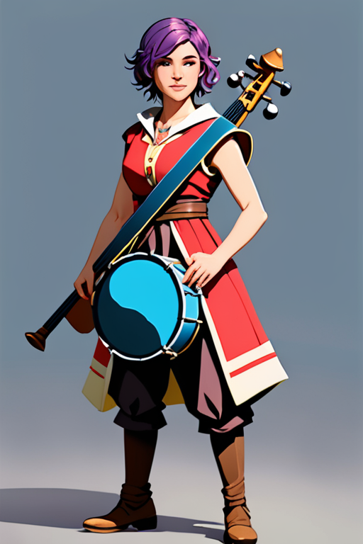 full body human female dnd style bard with bright clothing, short hair ...