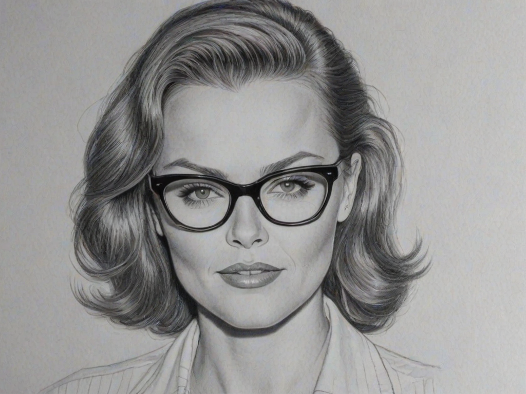 Sublime Belinda Carlisle, pencil sketch, portrait of Enticing woman 1944s in glasses, hair style beatnik, outline, clear lines, fine lines, 8k