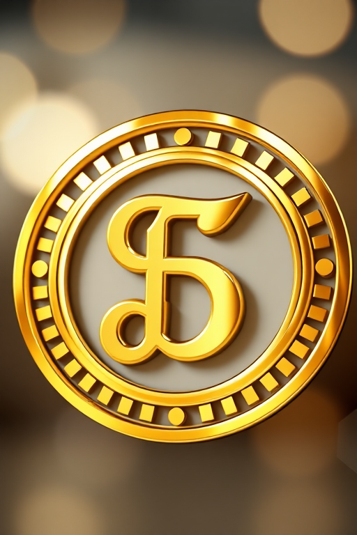 create a high-resolution image of a shiny golden circular logo with a stylized letter in the center, shot with a Canon EOS R5 at f/2.8, ISO 100, 1/200 sec, using a macro lens from a frontal view with a soft bokeh background to enhance depth and focus on the logo.