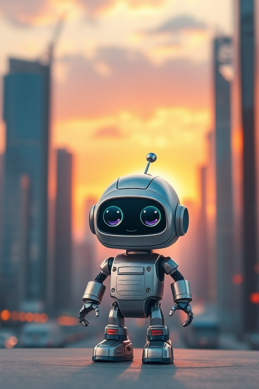 Create a highly detailed, vibrant illustration of a small, cartoonish robot with big expressive eyes, metallic finish, situated in a futuristic cityscape during sunset, captured with a DSLR camera, 50mm lens, f/1.8 aperture, ISO 100, shot from a low angle to emphasize the robot against the skyline backdrop.