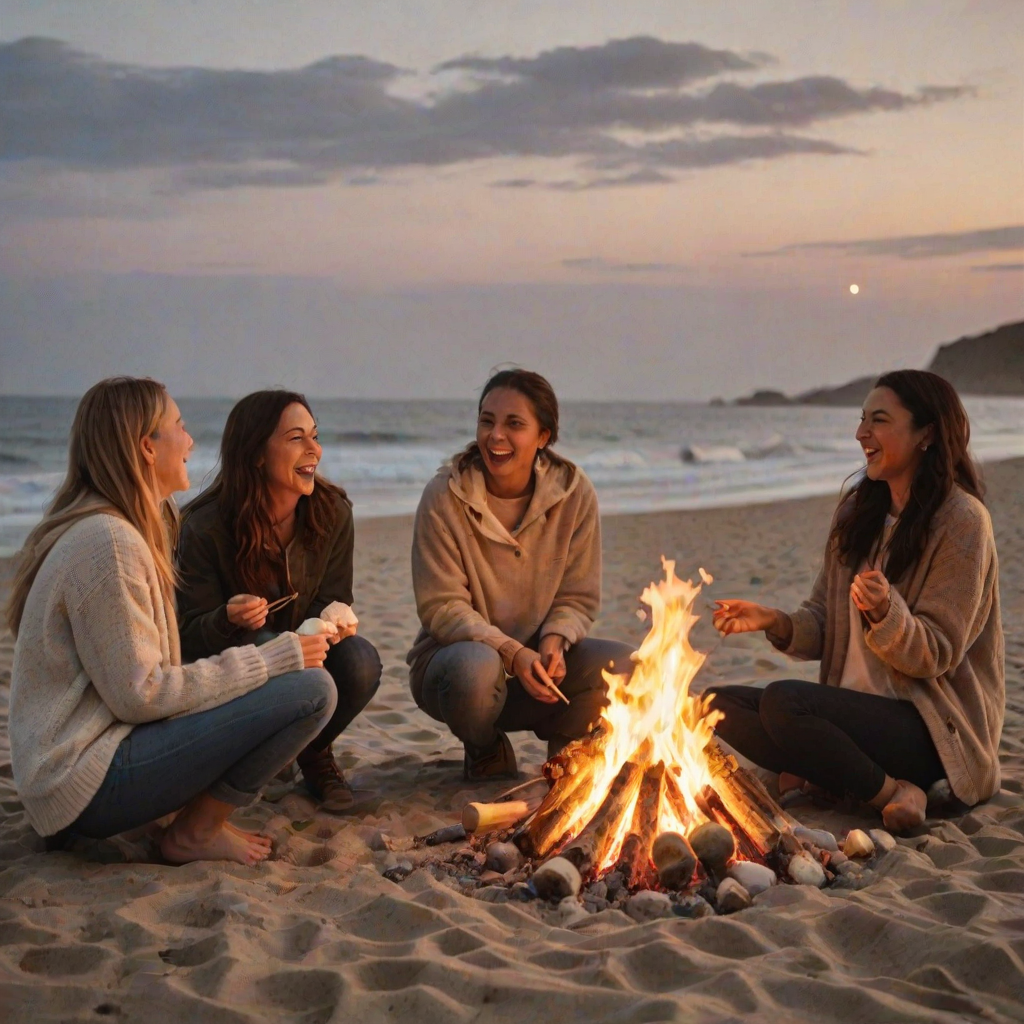 Warmly lit image of a group of friends laughing and roasting marshmallows around a bonfire on a beach, soft glow from the fire illuminating their faces, with distant waves crashing softly against the shore.