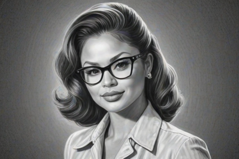 Graceful Vanessa Lachey, pencil sketch, portrait of Resplendent woman 1950s in glasses, hair style beatnik, outline, clear lines, fine lines, 8k