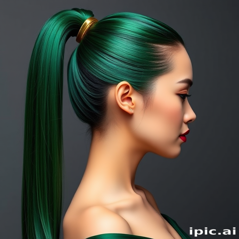 Glossy emerald green straight hair styled in a sleek high ponytail with metallic gold accents, exuding elegance and sophistication named Jade Empress