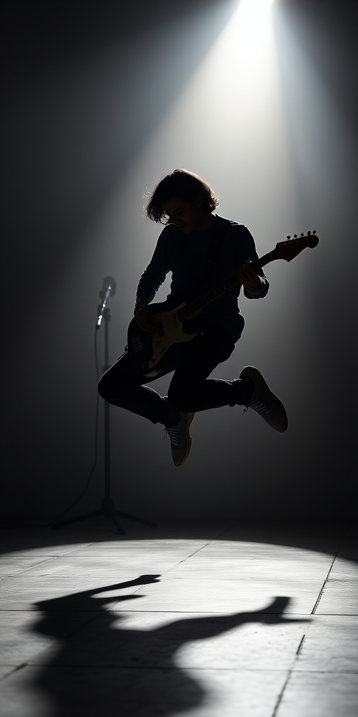 Create a silhouette image of a guitarist in mid-jump, using a high-resolution camera with ISO 100, f/2.8 aperture, 50mm lens, in a studio setting with soft lighting to enhance the details and clarity.