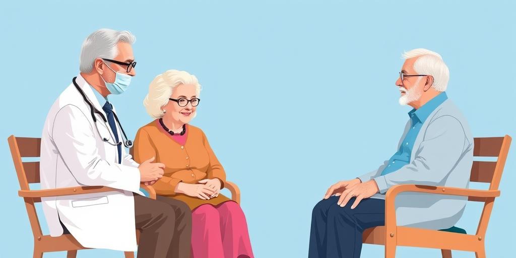 Generate a high-quality vector illustration of a doctor talking to an elderly couple sitting on chairs, with a bright blue background, using a 50mm lens at f/2.8 for a shallow depth of field, capturing a warm, friendly atmosphere in a digital art style.