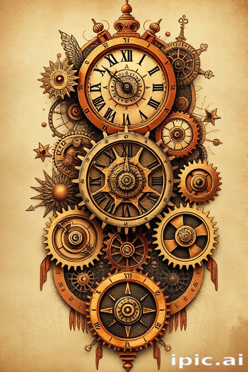 Steampunk-inspired tattoo artwork called "Clockwork Dreams" featuring intricate gears cogs and mechanical elements combined with Victorian-era motifs rendered in rich sepia and copper tones