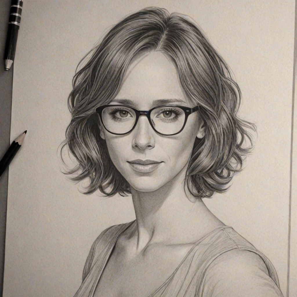 Pleasing Jennifer Love Hewitt, pencil sketch, portrait of Pleasing woman 1933s in glasses, hair style beatnik, outline, clear lines, fine lines, 8k