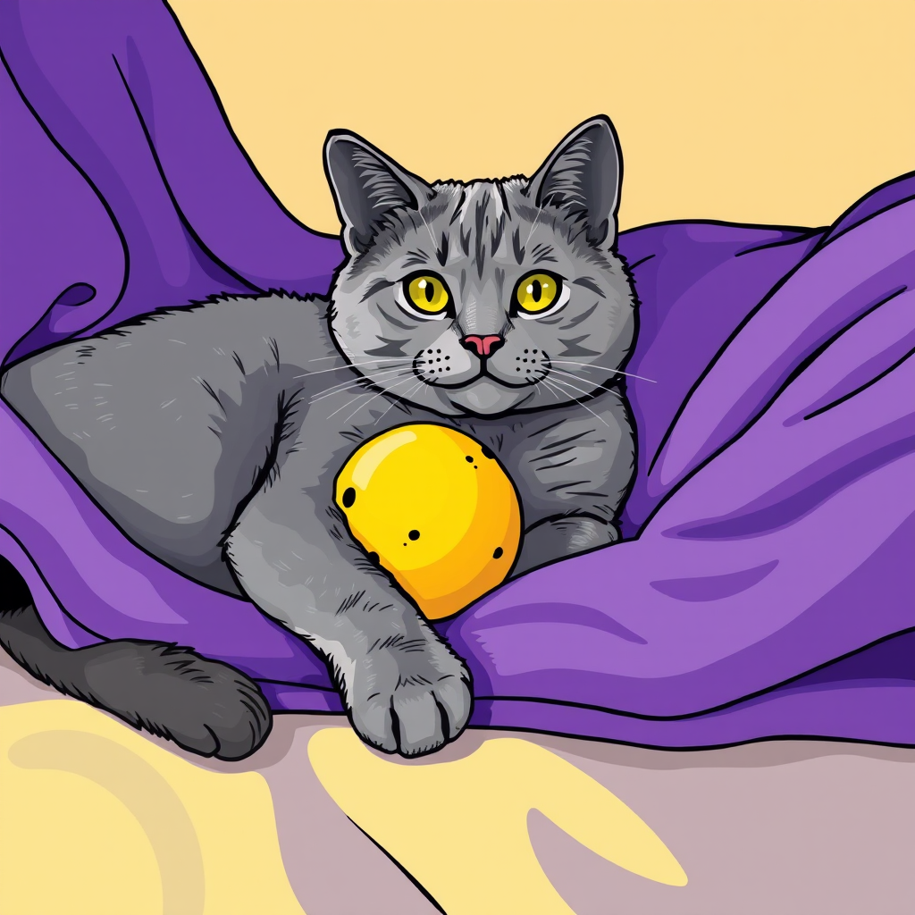 Generate a high-quality illustration of a gray cat lounging on a purple blanket with a yellow ball, focus on vibrant colors and smooth lines, use a digital drawing style, camera settings: ISO 100, aperture f/8, shutter speed 1/125s.